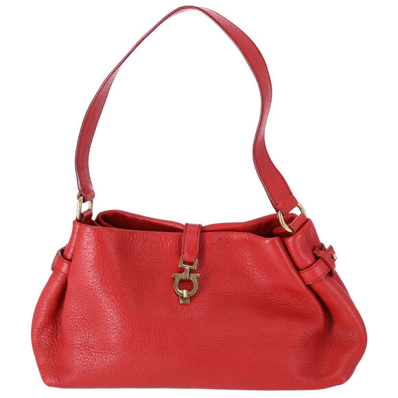 Salvatore Ferragamo Gancini One Shoulder Strap Hobo Pebbled Leather Red - Picture 1 of 8